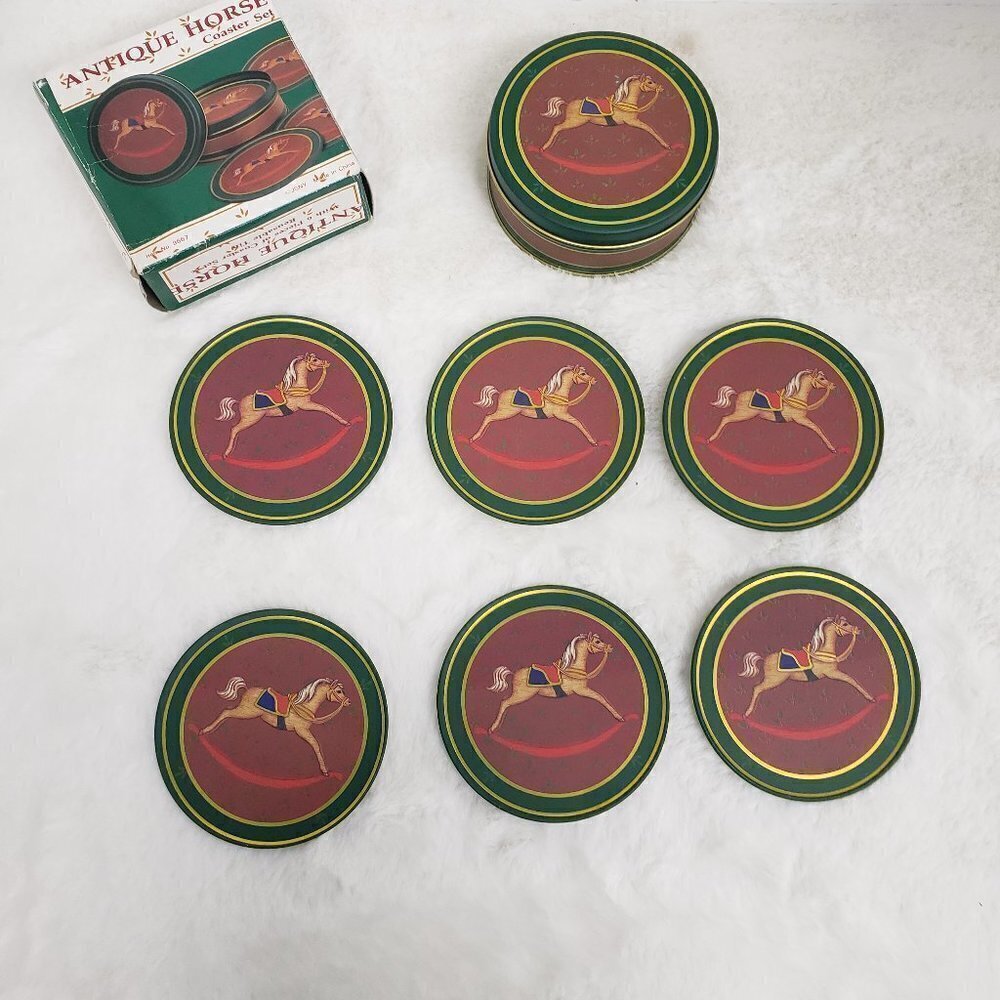 Antique Rocking Horse Tin Coasters w/ Storage Tin NIB